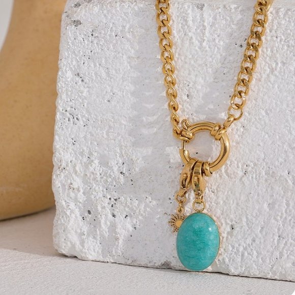 NEW 18K Gold Plated Oval Turquoise Circle Link Chain Necklace - Picture 5 of 7